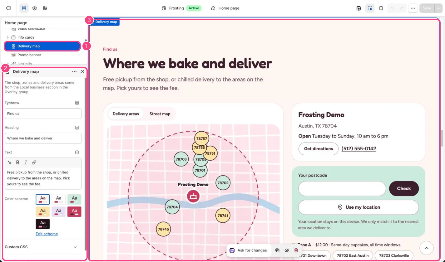 Delivery map in the theme editor