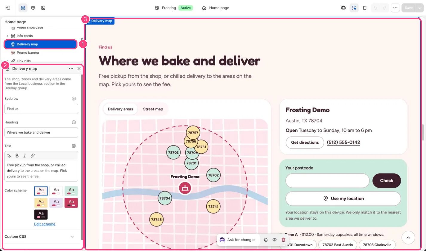 Delivery map in the theme editor