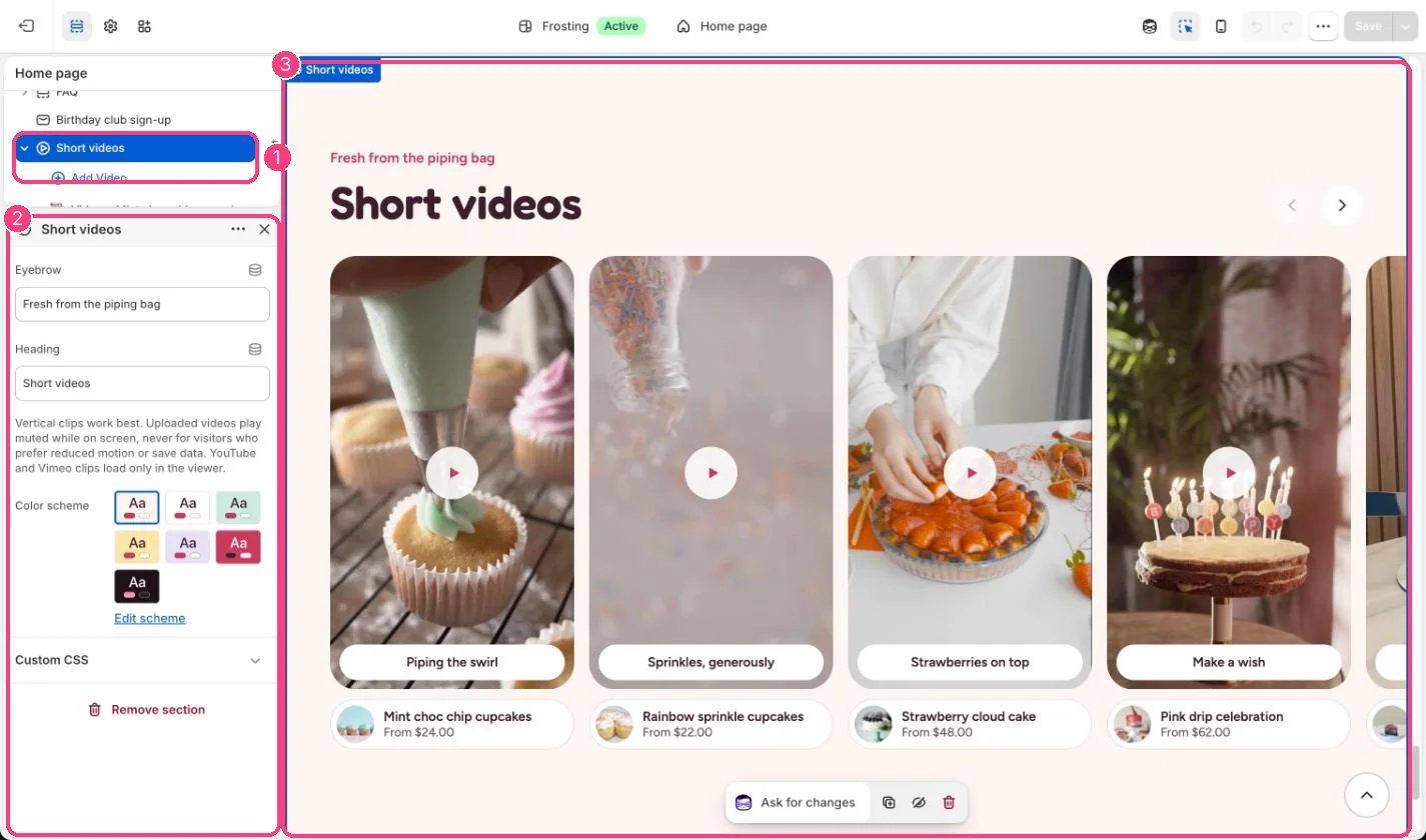 Short videos in the theme editor