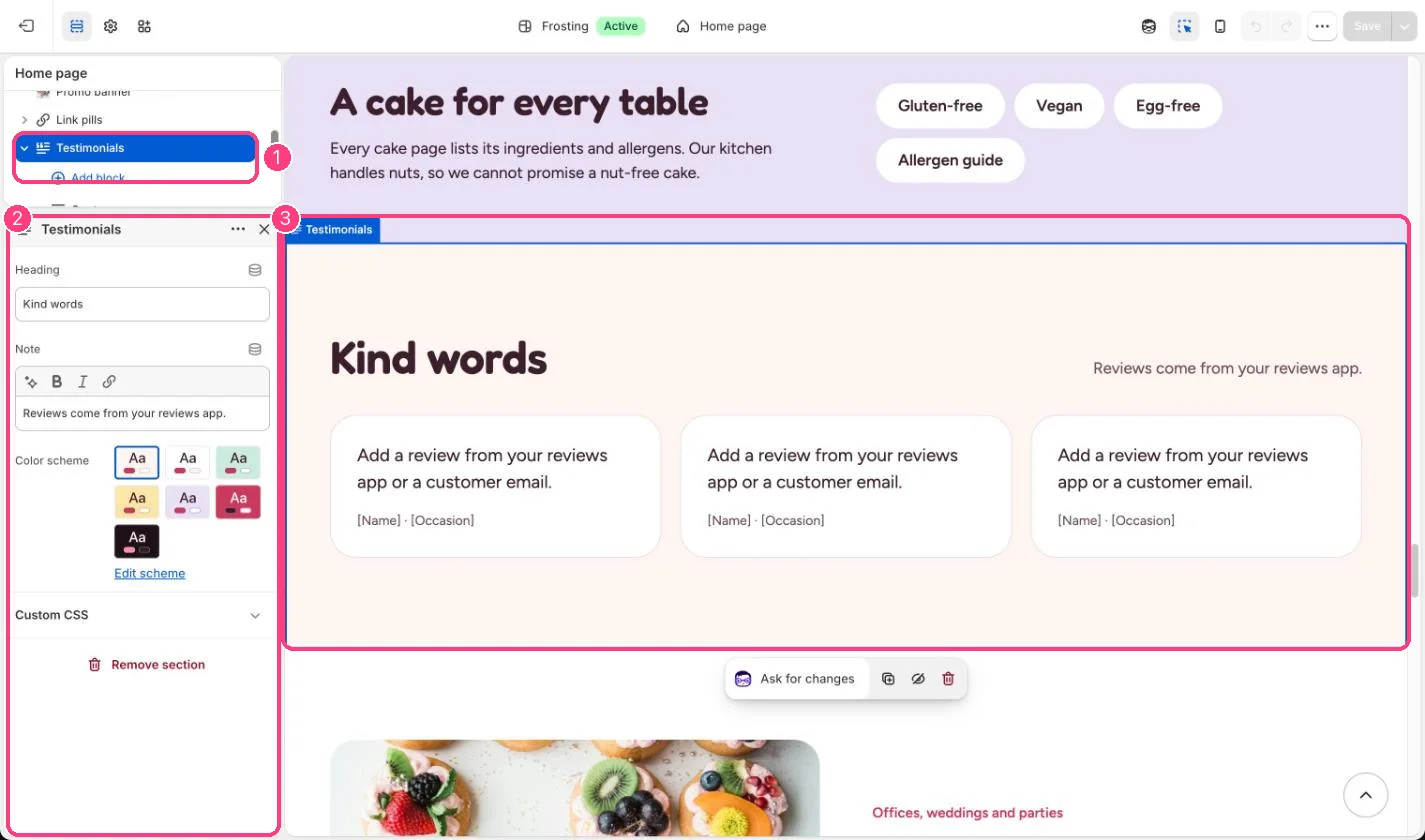 Testimonials in the theme editor