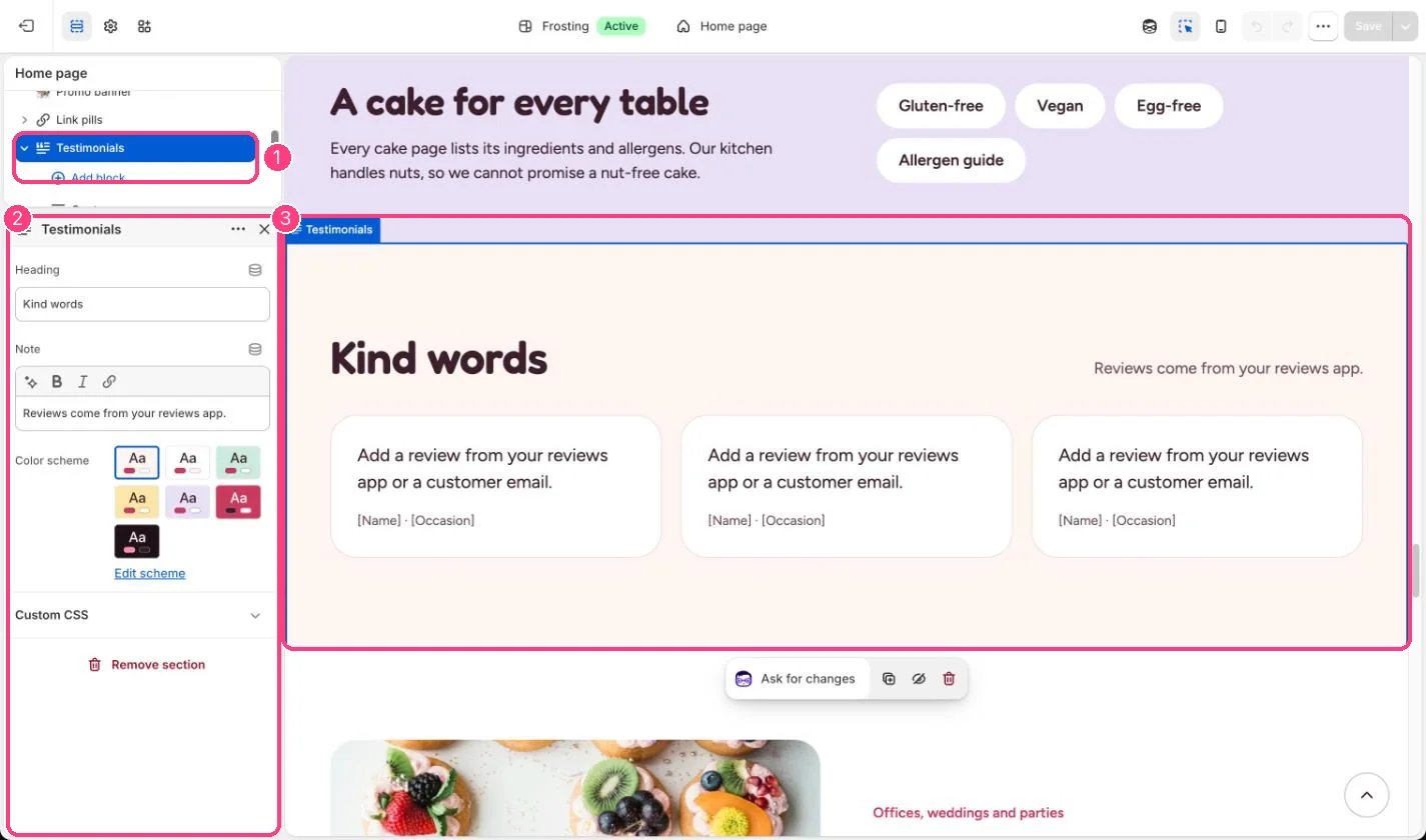Testimonials in the theme editor