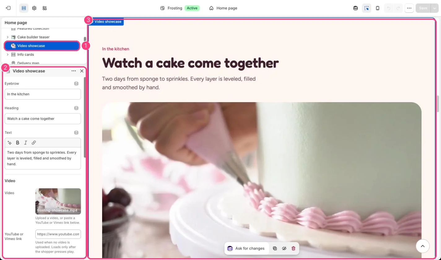 Video showcase in the theme editor