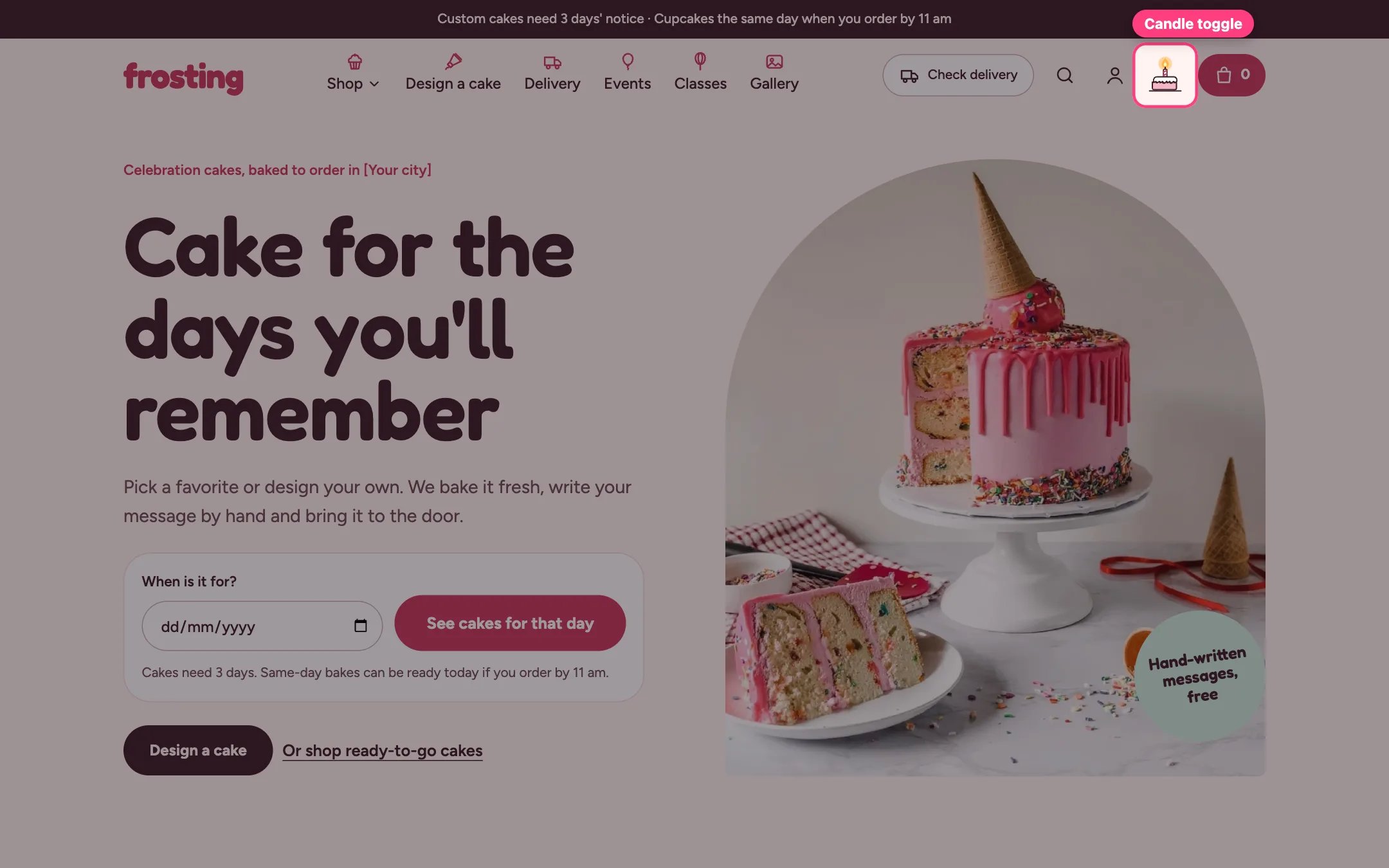 The candle toggle in the header