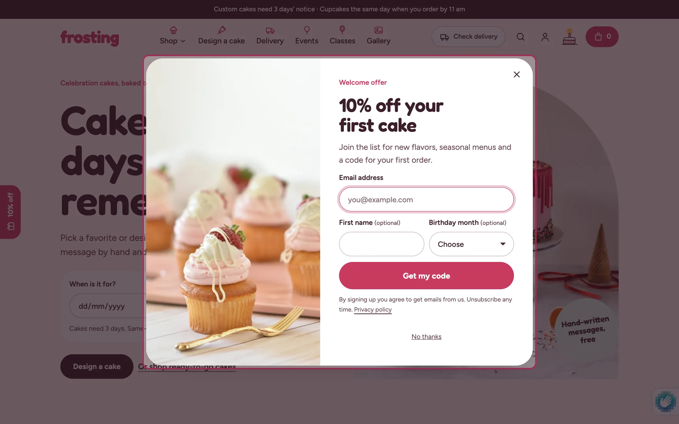 The sign-up popup