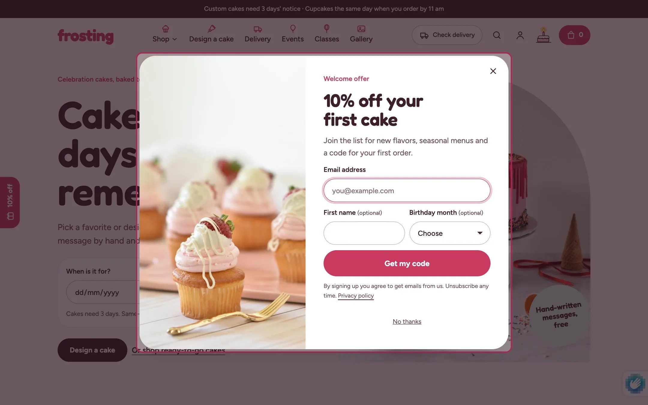 The sign-up popup