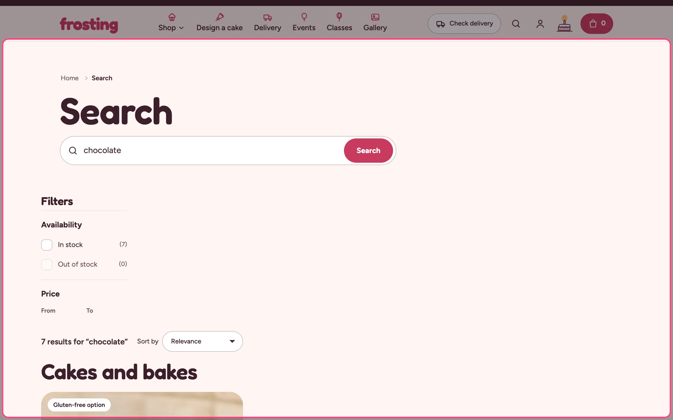 Search results on the storefront