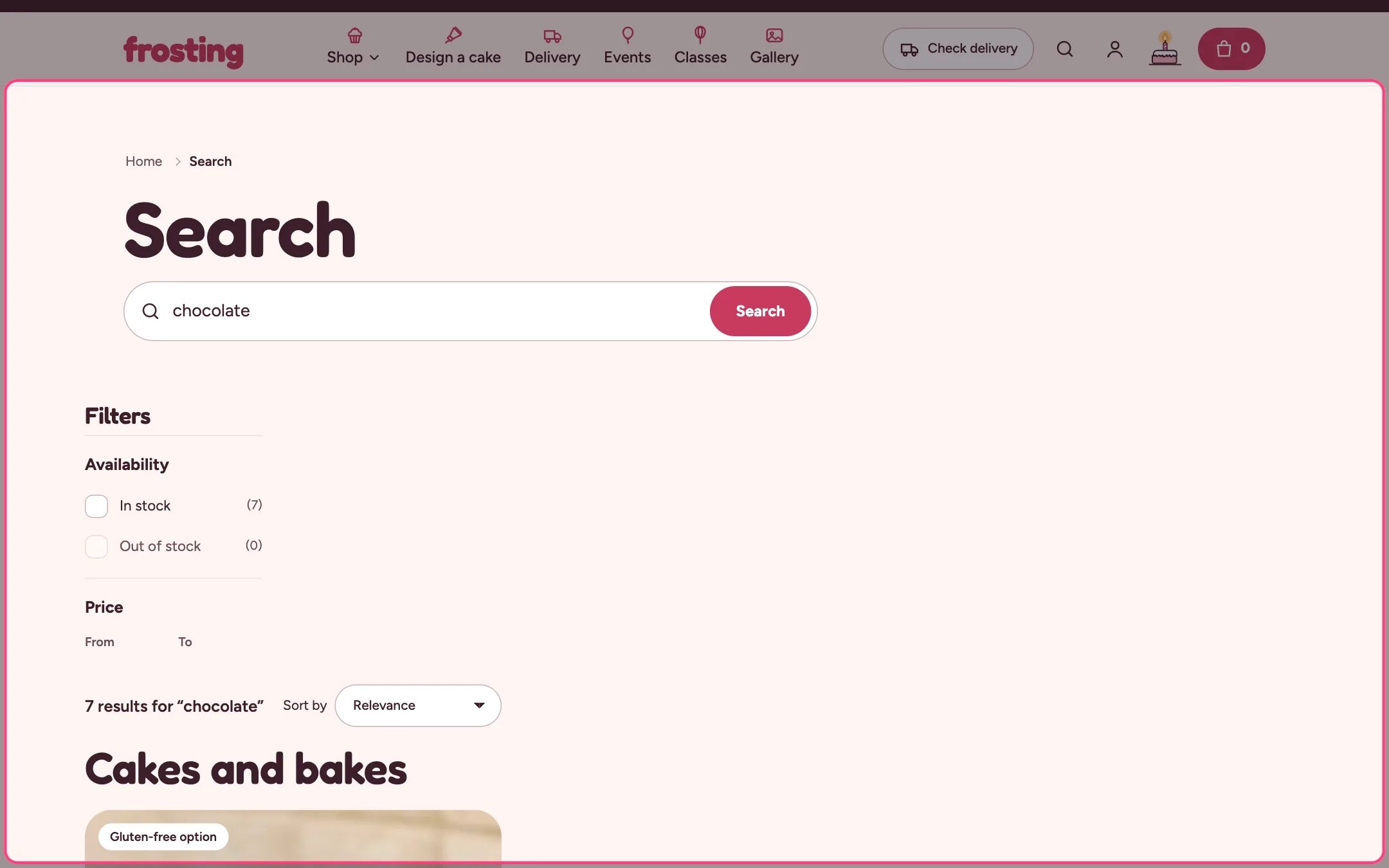Search results on the storefront