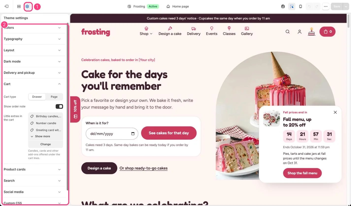 Theme settings, Cart, in the theme editor