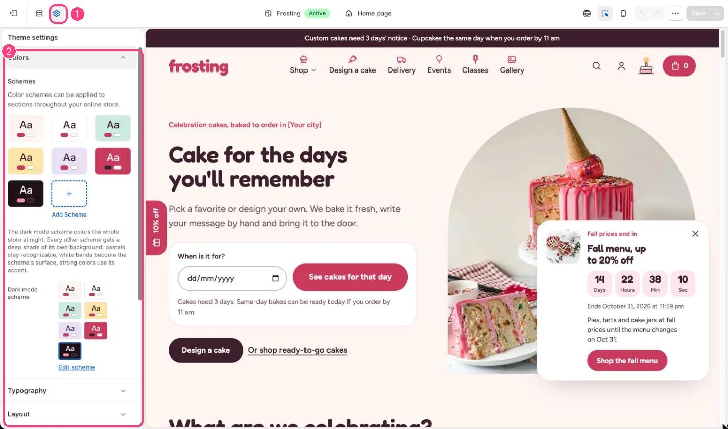 Theme settings, Colors, in the theme editor
