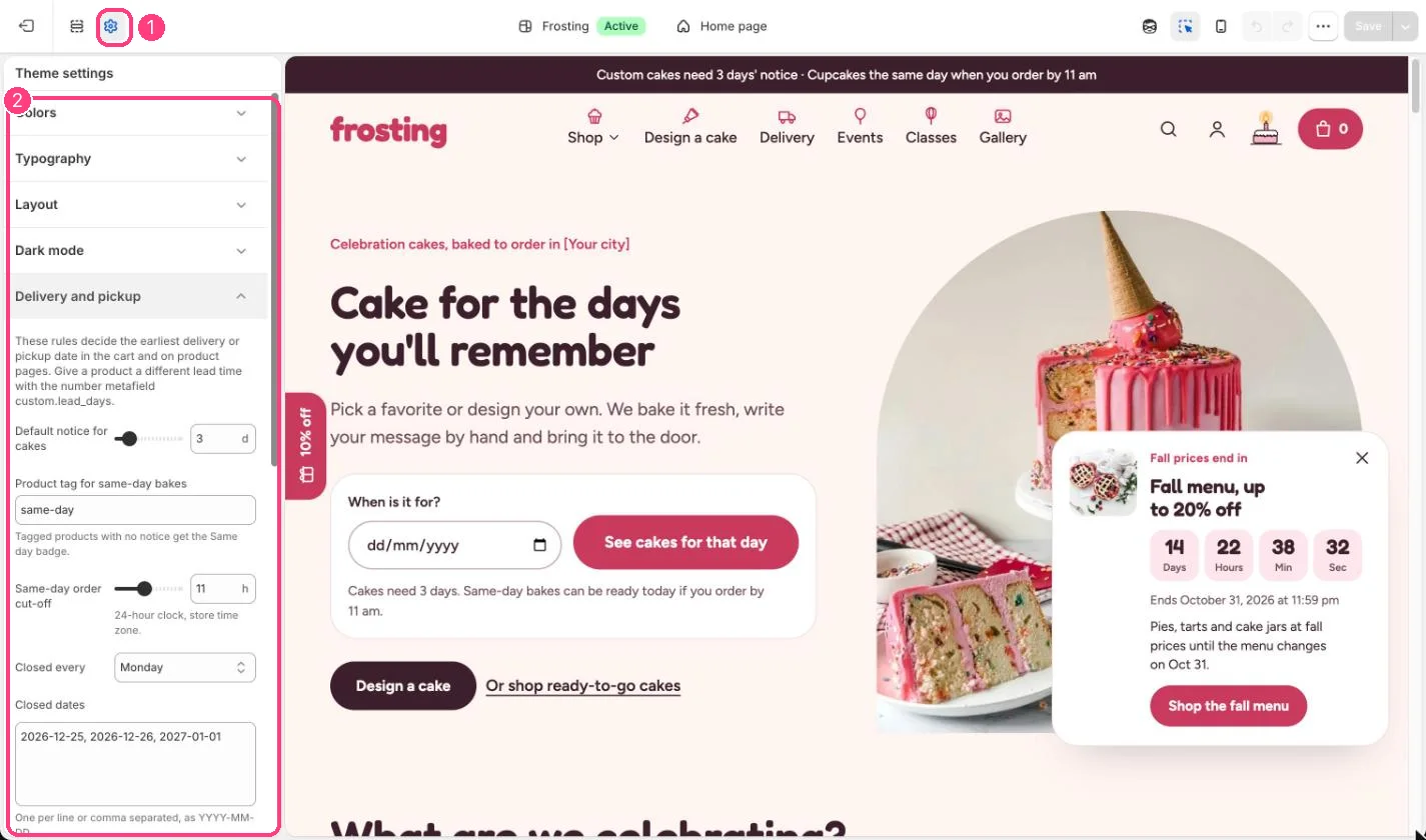 Theme settings, Delivery and pickup, in the theme editor