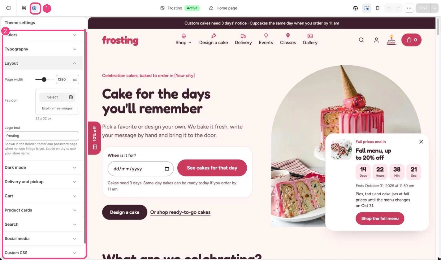 Theme settings, Layout, in the theme editor