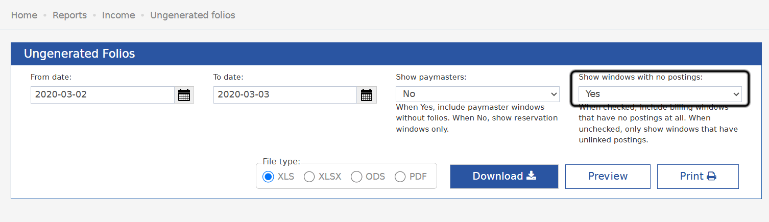 Show Windows With No Postings parameter on the Ungenerated Folios Report