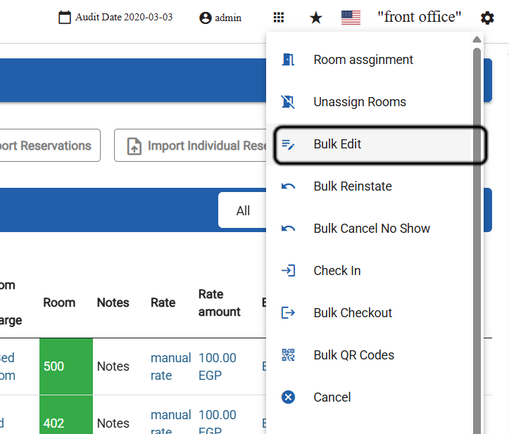 Bulk Edit option in the Actions menu of the Individual Reservations listing