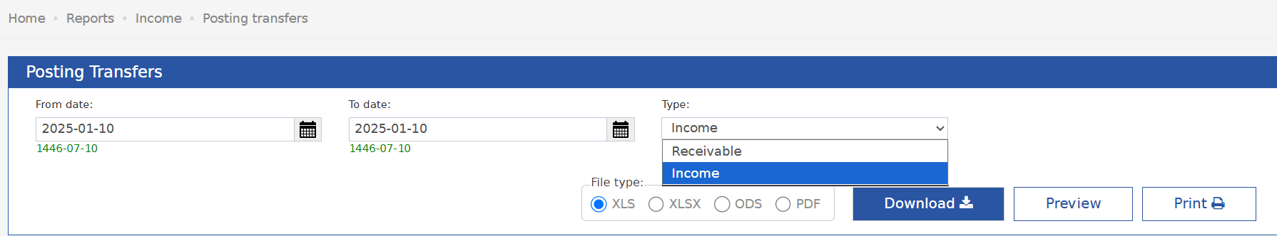 Posting Transfers filters with the Type list open: Receivable, Income