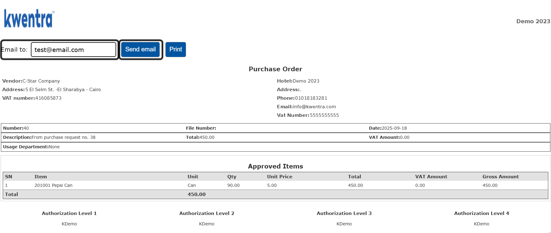 Print preview with the Email to field and Send email button