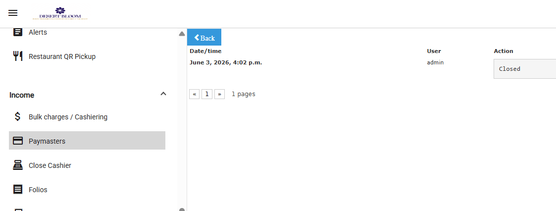 Paymaster history showing the Closed action with the user, date, and time