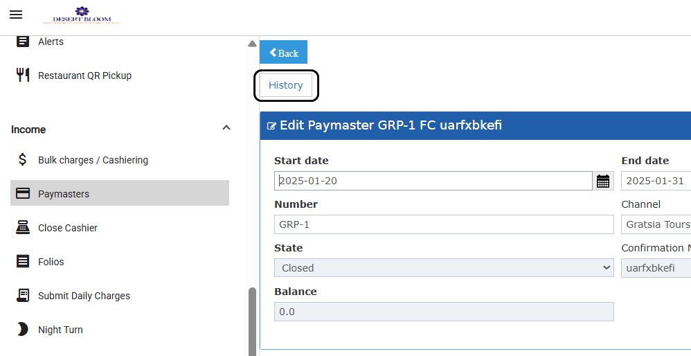 History button on the Paymaster edit screen
