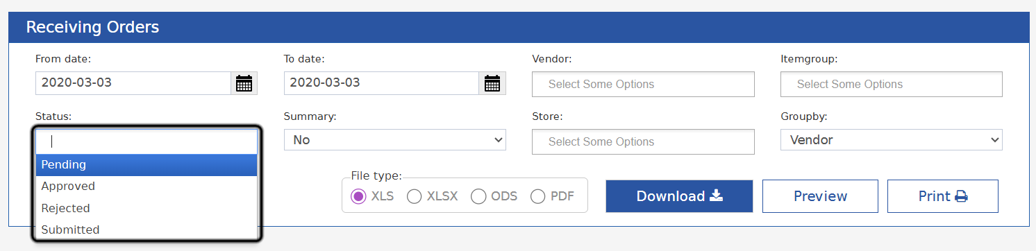 Receiving Orders Report parameters with the multi-select Status filter open, showing Pending, Approved, Rejected, and Submitted