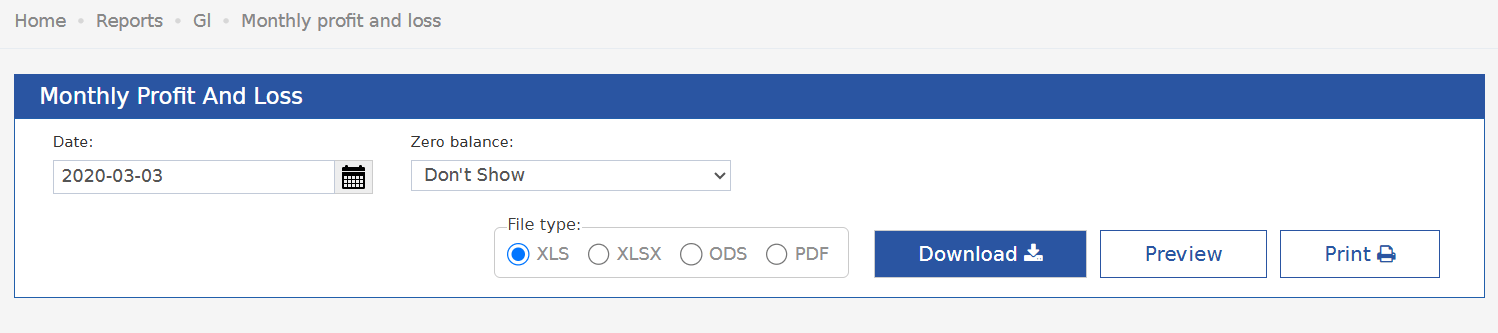 Monthly Profit and Loss report parameters showing the new Zero Balance filter