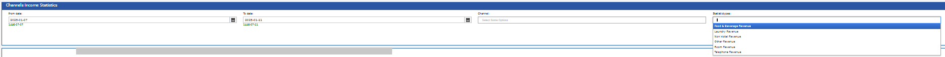 Channels Income Statistics filters with the Statistics types list open: Food & Beverage Revenue, Laundry Revenue, Non Hotel Revenue, Other Revenue, Room Revenue, Telephone Revenue
