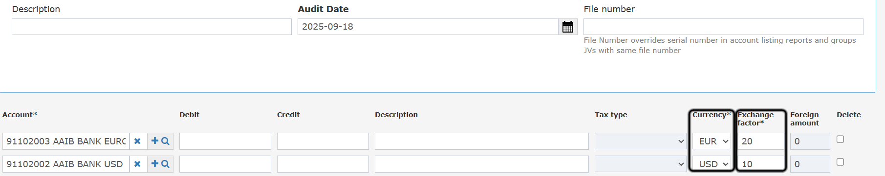 Journal voucher line items with the Currency and Exchange factor fields highlighted