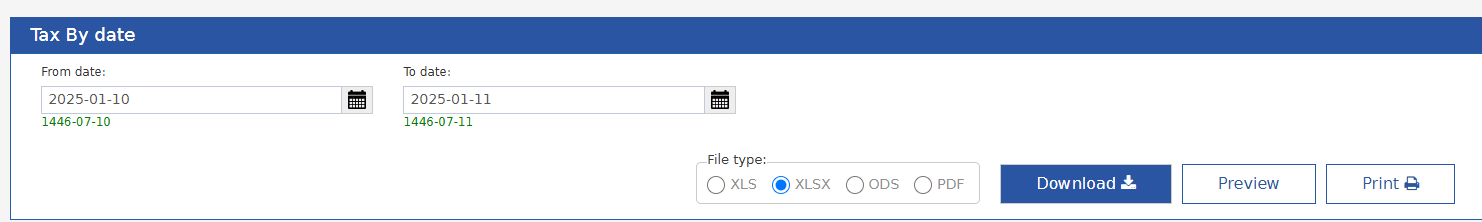 فلاتر Tax By date: From date وTo date وFile type