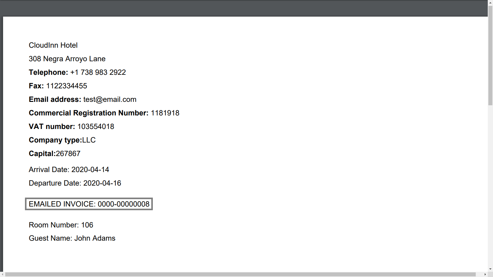 Emailed folio marked as an electronic invoice