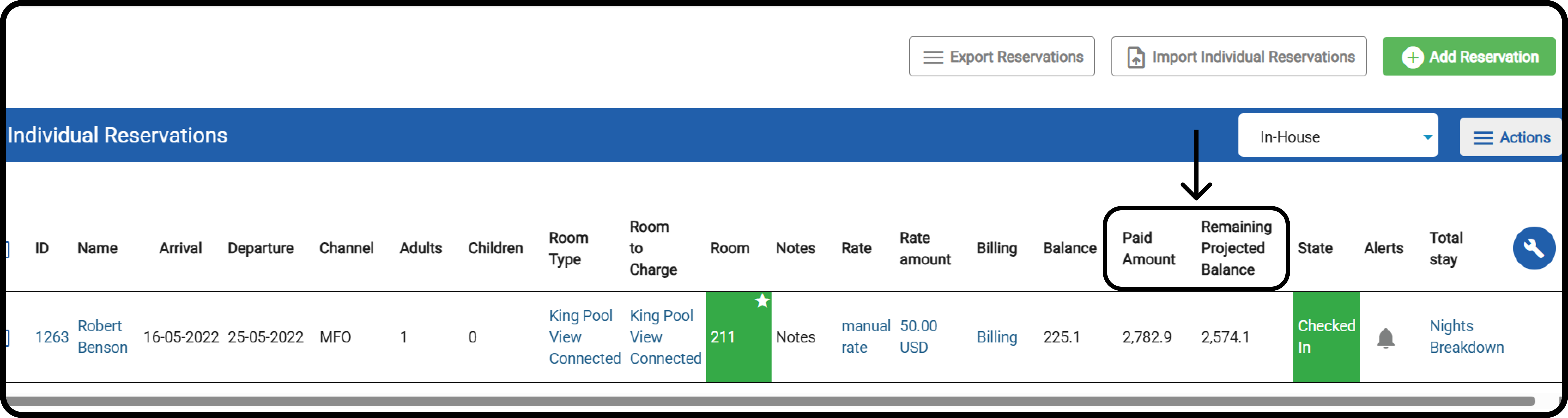 Reservation List showing the two new financial columns