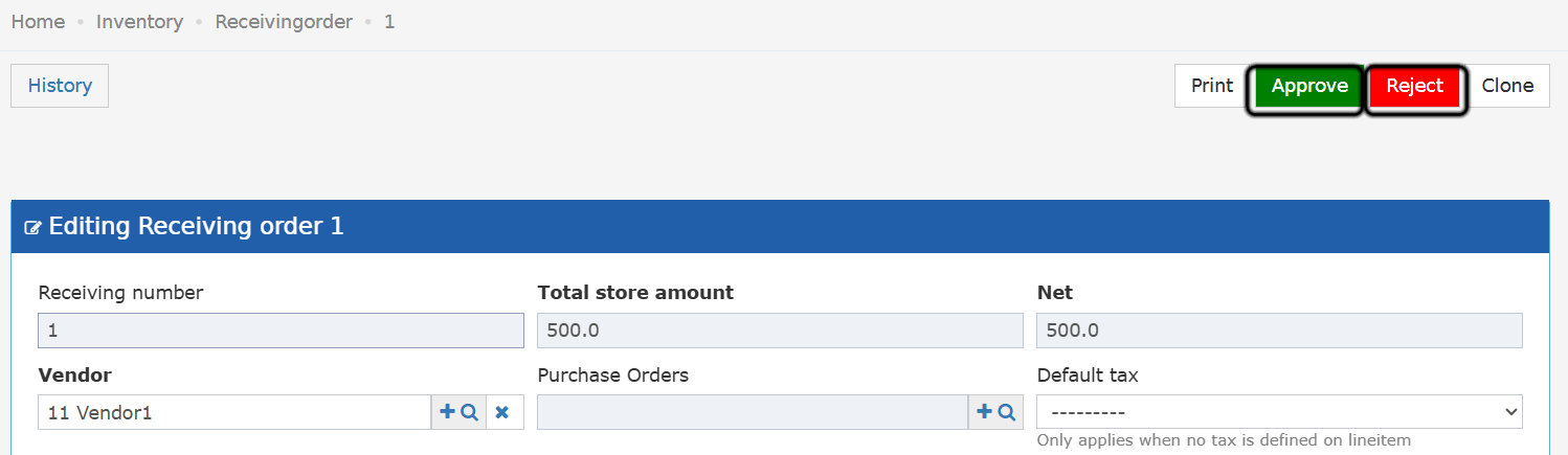 Approve and Reject buttons on the Receiving Order edit page