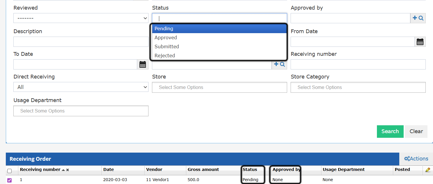 Receiving Order Status filter showing the four states — Pending, Approved, Submitted, Rejected — with the Status and Approved by columns in the list