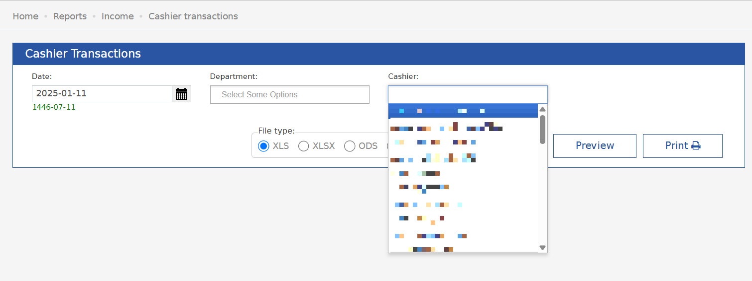 فلاتر Cashier Transactions وقائمة Cashier مفتوحة