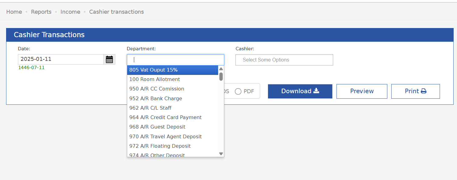 فلاتر Cashier Transactions وقائمة Department مفتوحة