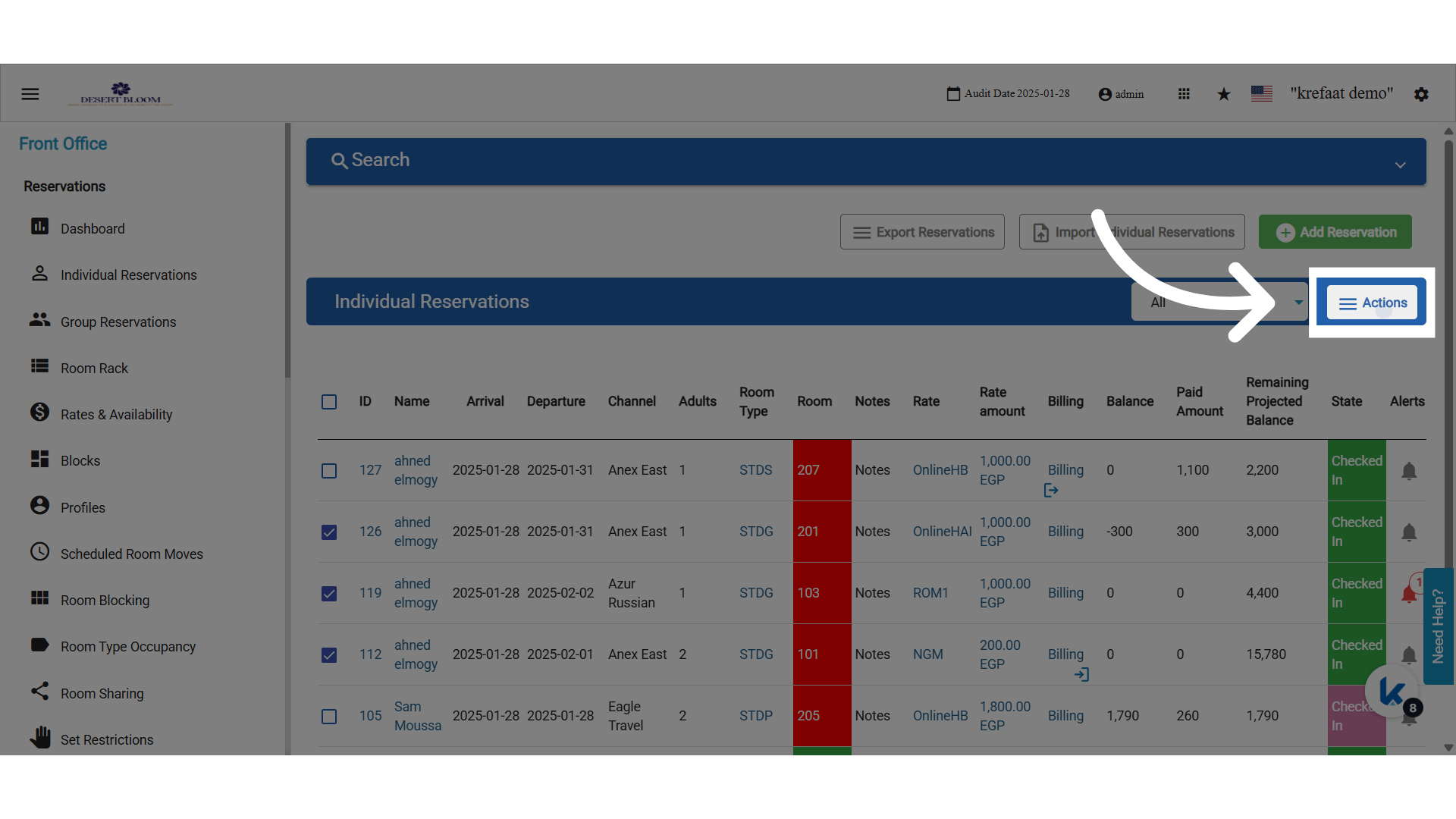Actions menu
