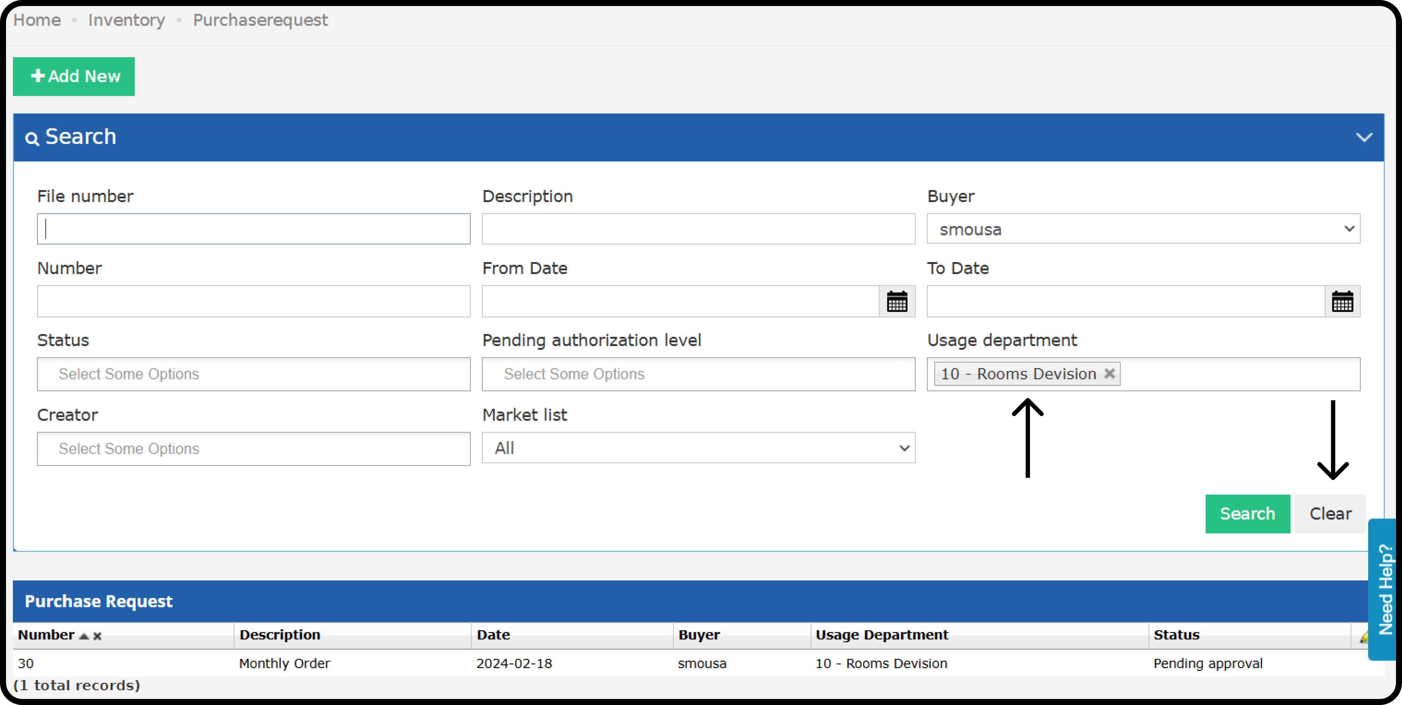 Purchase requests filtered by usage department