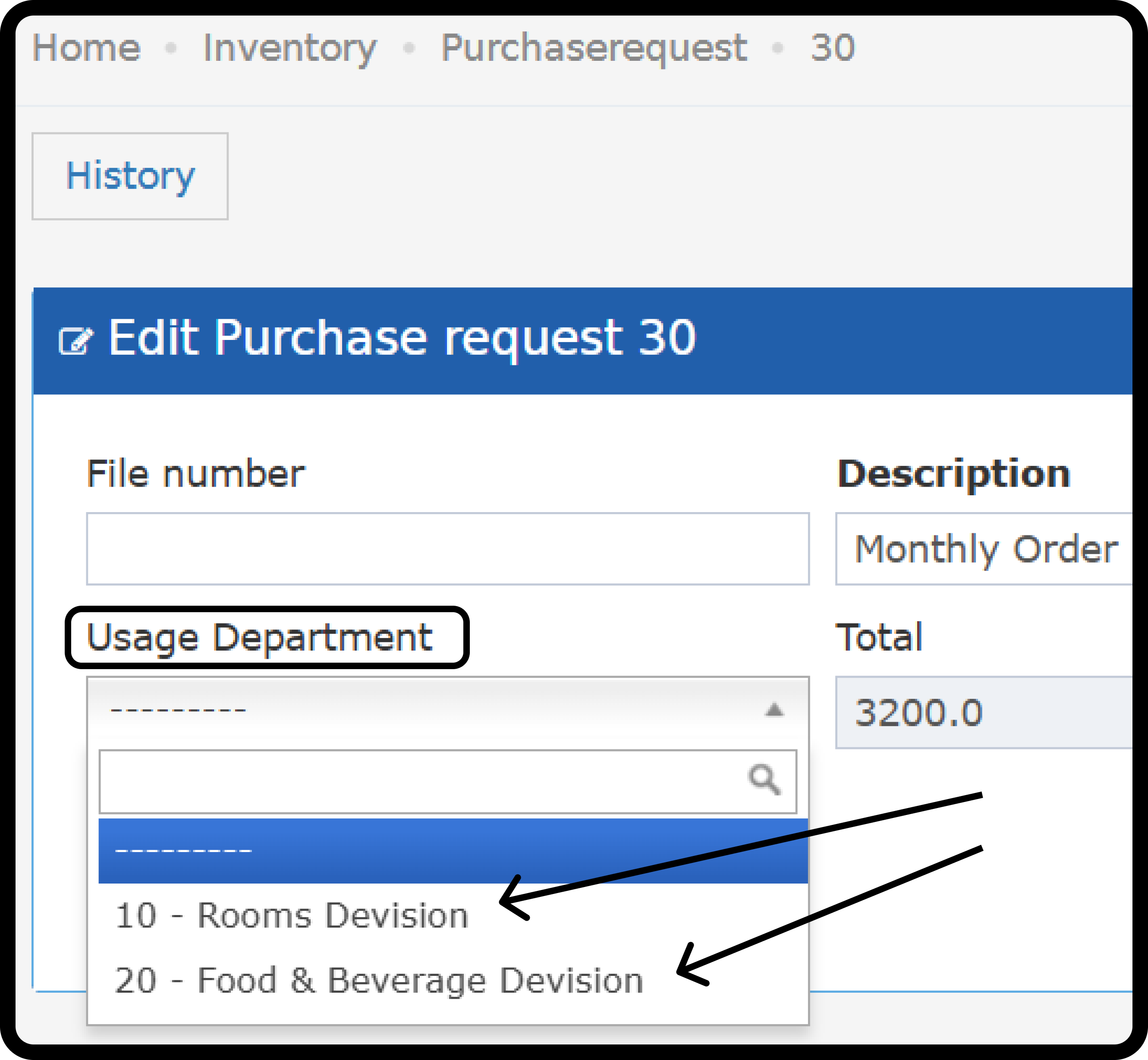 Usage department on a purchase request