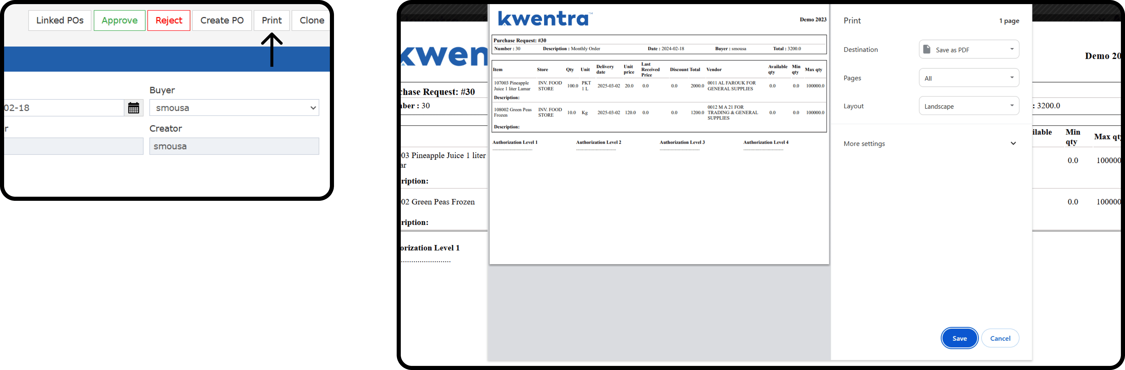 Print option on a purchase request