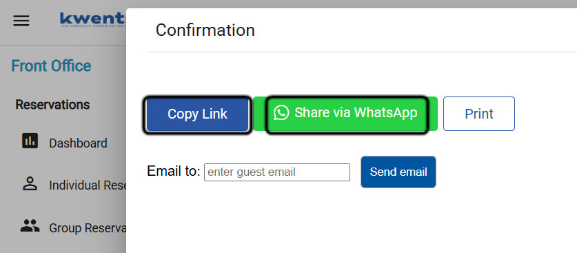 Confirmation dialog with the Copy Link and Share via WhatsApp buttons