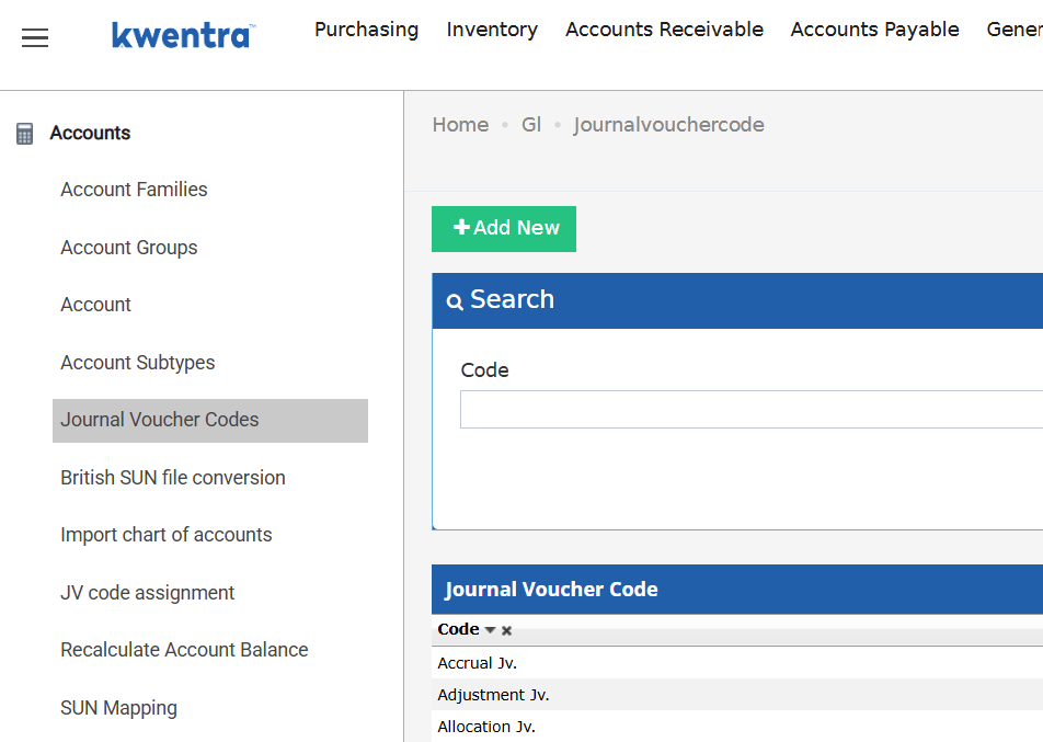 Journal Voucher Codes list with the Add New button