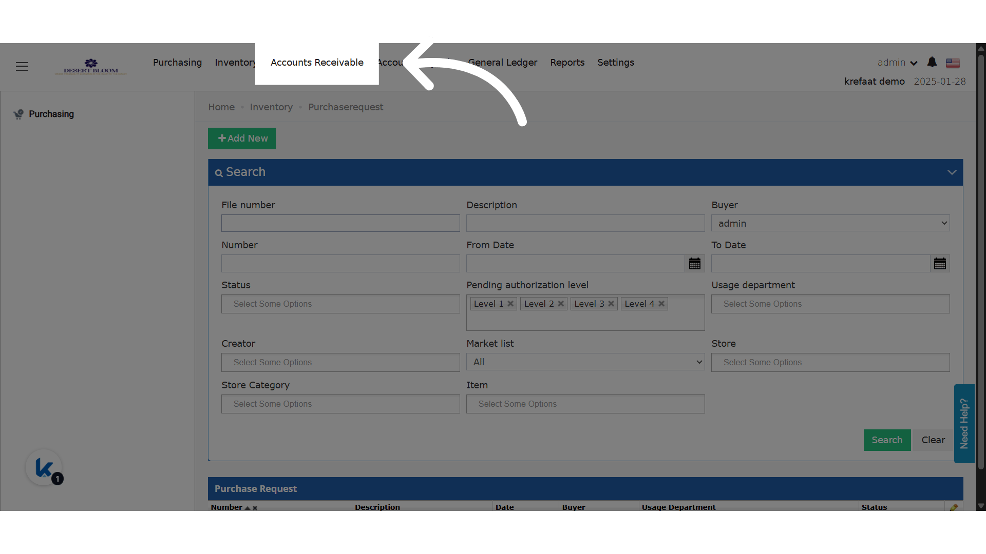 Accounts Receivable menu