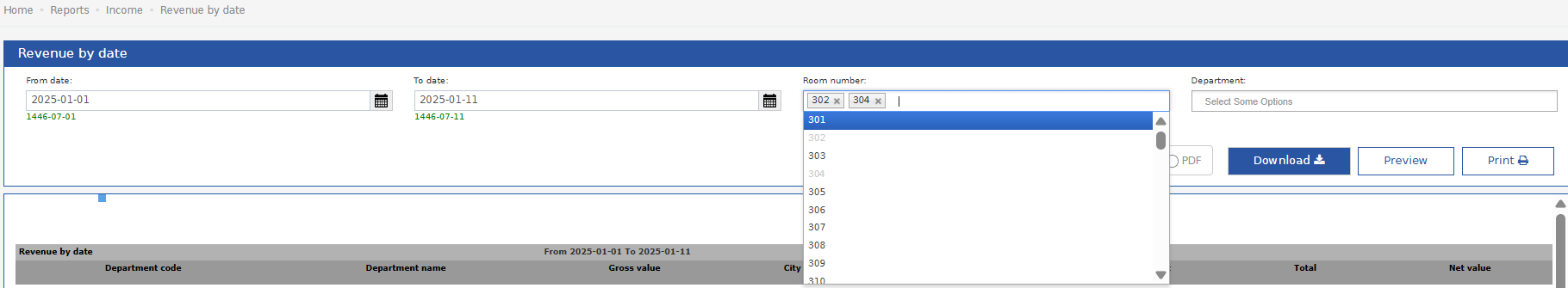 Revenue by date filters with the Room number list open and rooms 302 and 304 selected