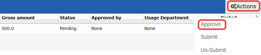 Actions button at the top of the Receiving Orders list with the Approve option highlighted
