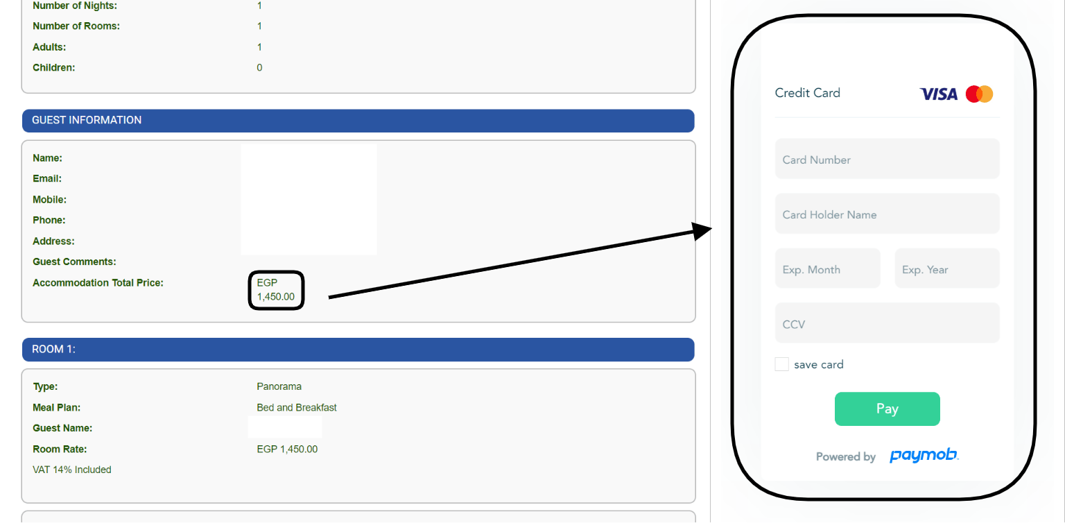 Website booking payment recorded on the billing screen