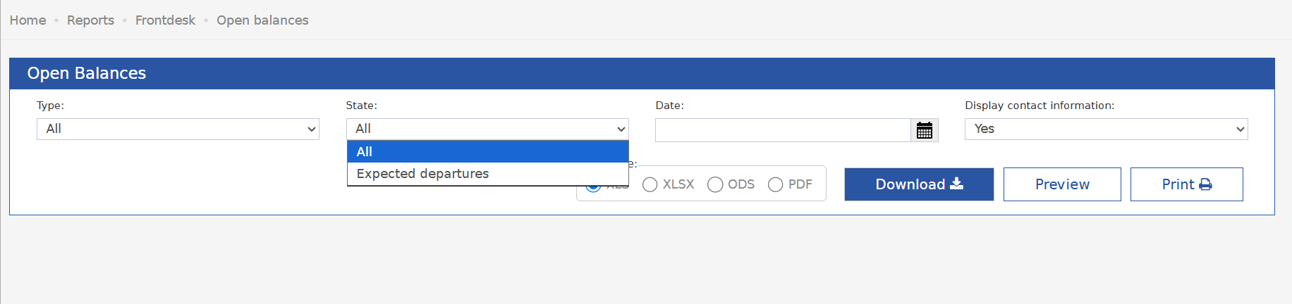 Open Balances filters with the State list open: All, Expected departures