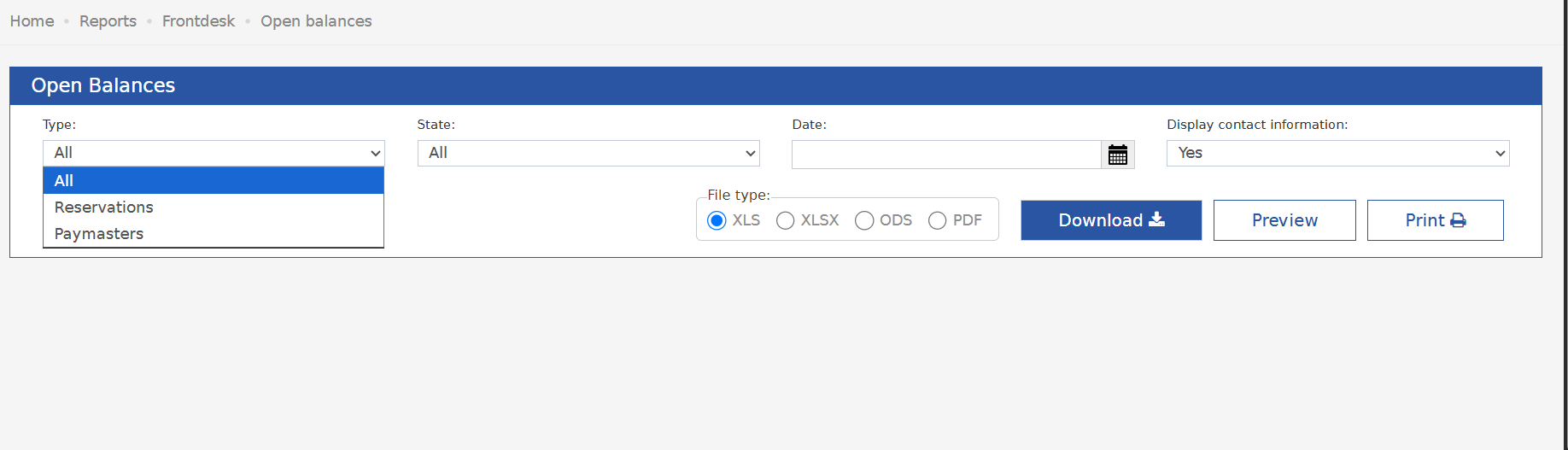 Open Balances filters with the Type list open: All, Reservations, Paymasters
