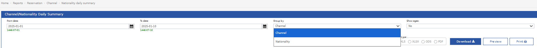 فلاتر Channel/Nationality Daily Summary وقائمة Group by مفتوحة: Channel وNationality