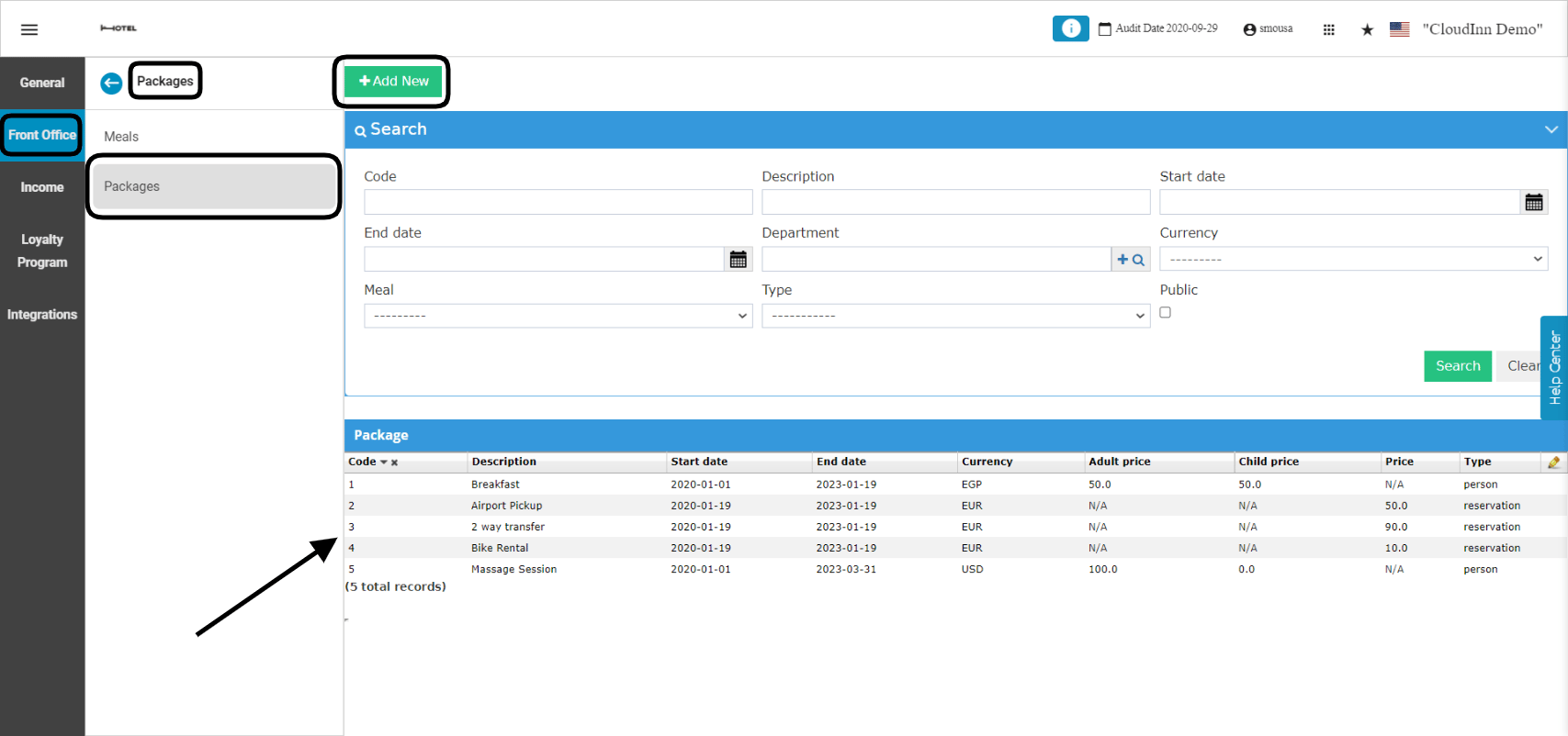 Packages list with Search and Add New