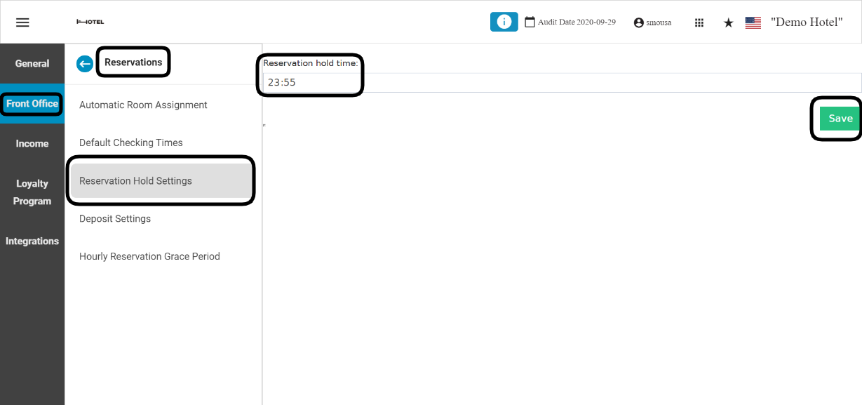 شاشة Reservation Hold Settings لضبط الوقت الافتراضي