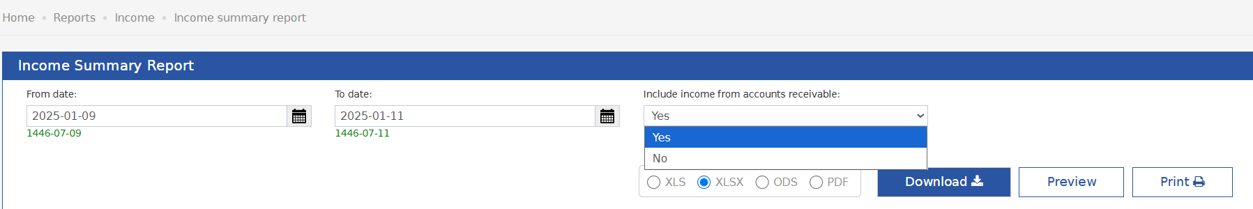 فلاتر Income Summary وقائمة Include income from accounts receivable مفتوحة: Yes وNo