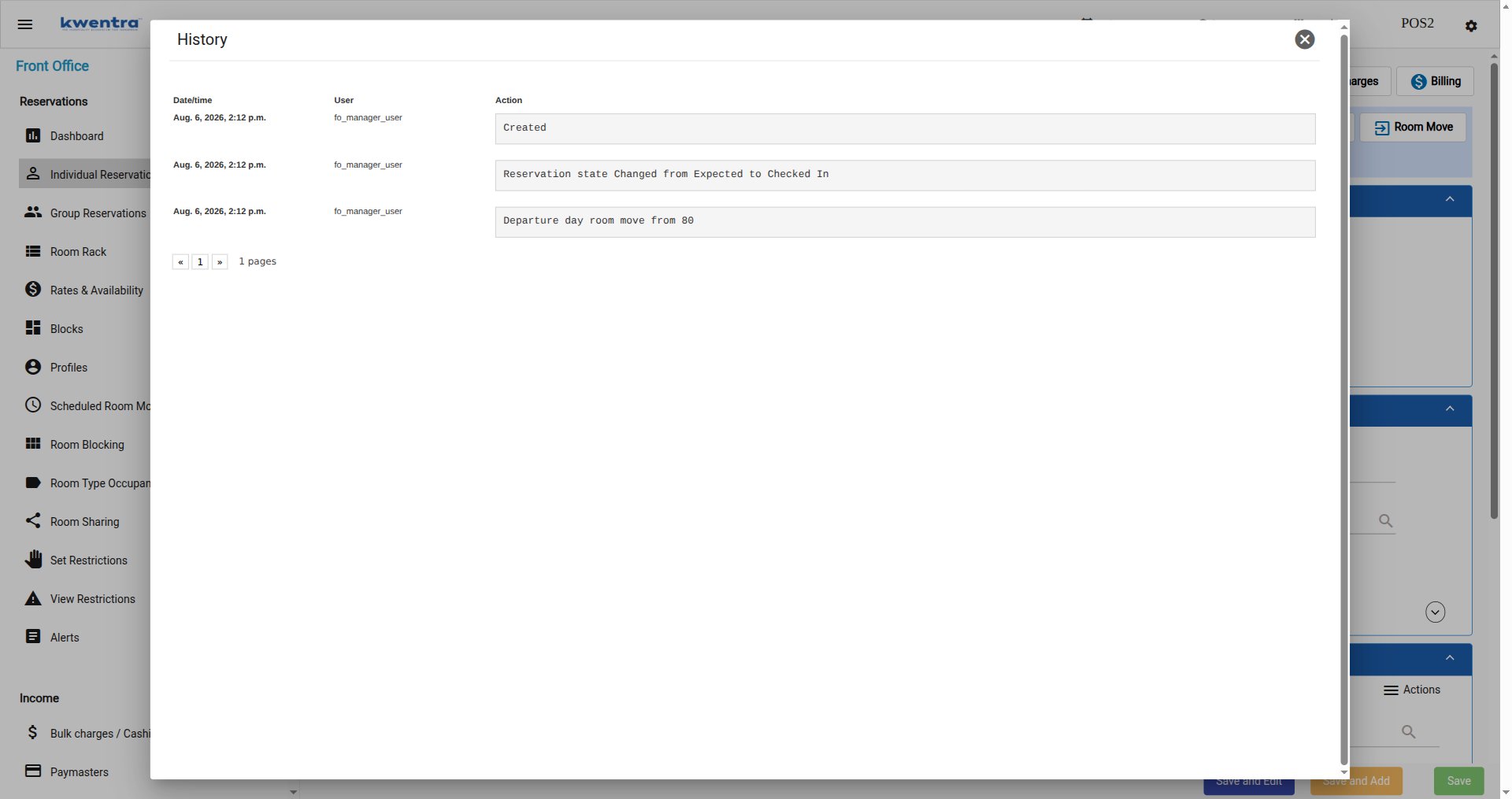 History of the day-use reservation showing Departure day room move from the original reservation ID
