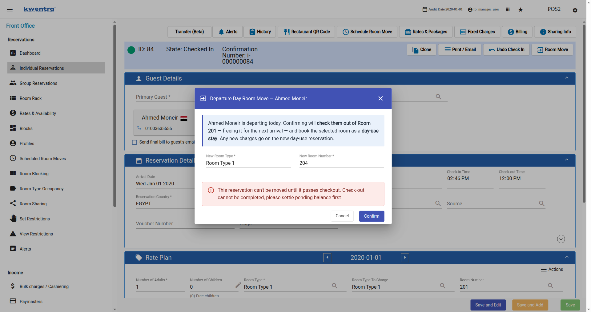 Departure Day Room Move dialog showing the checkout validation error in red after Confirm was selected